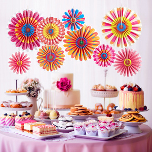 9Pcs Round Flower Pattern Paper Fan Garlands Pink Yellow Red Hanging Paper Fans Wedding Birthday Party Decoration