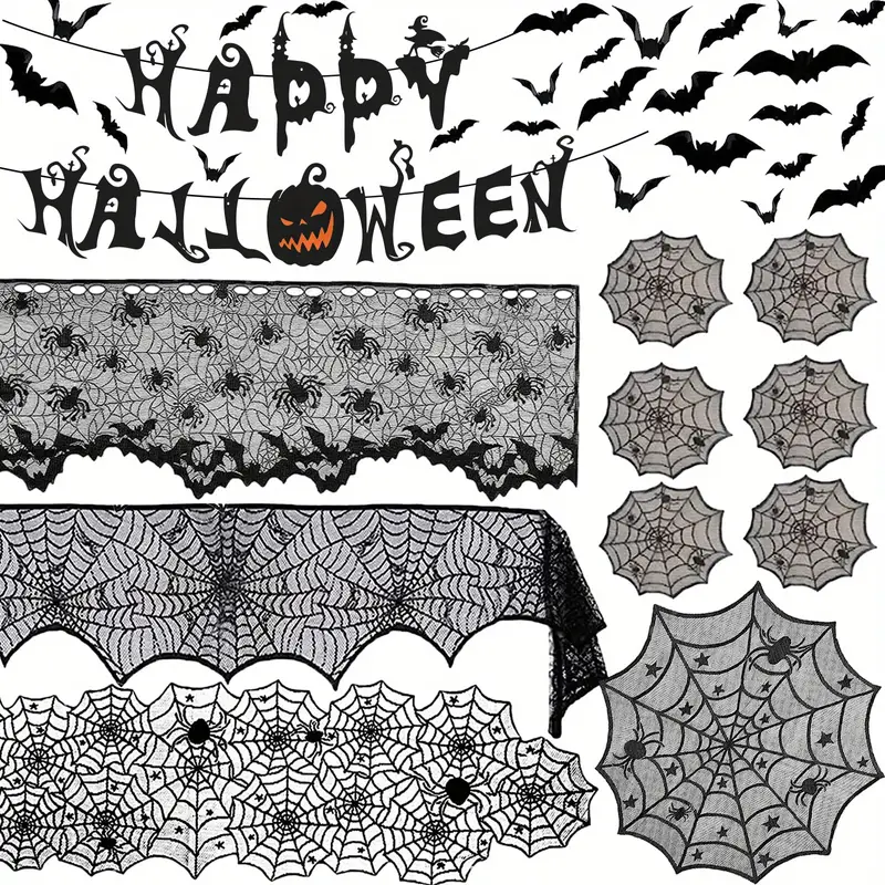 Halloween Decoration Set Pull Banner Bat Stickers Tablecloth Table Flag Halloween Party Supplies Home Decorations