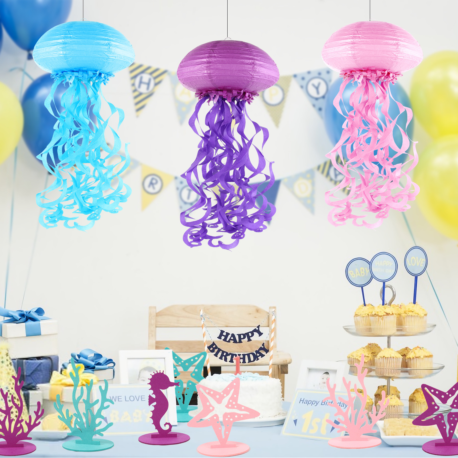 Customize New 17 PCS Mermaid Ocean Theme Table Decoration Paper Lantern Set  Party Decoration Set