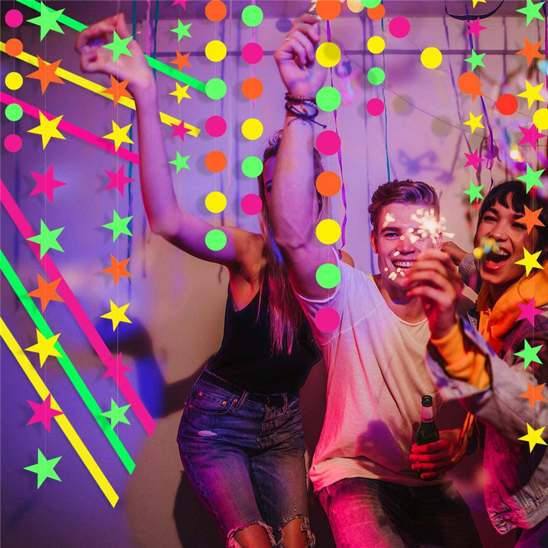 Glow in The Dark Neon Streamers Garlands Kit Light Hanging Decorations Neon Stars Dot Garlands Fluorescent Party Kit