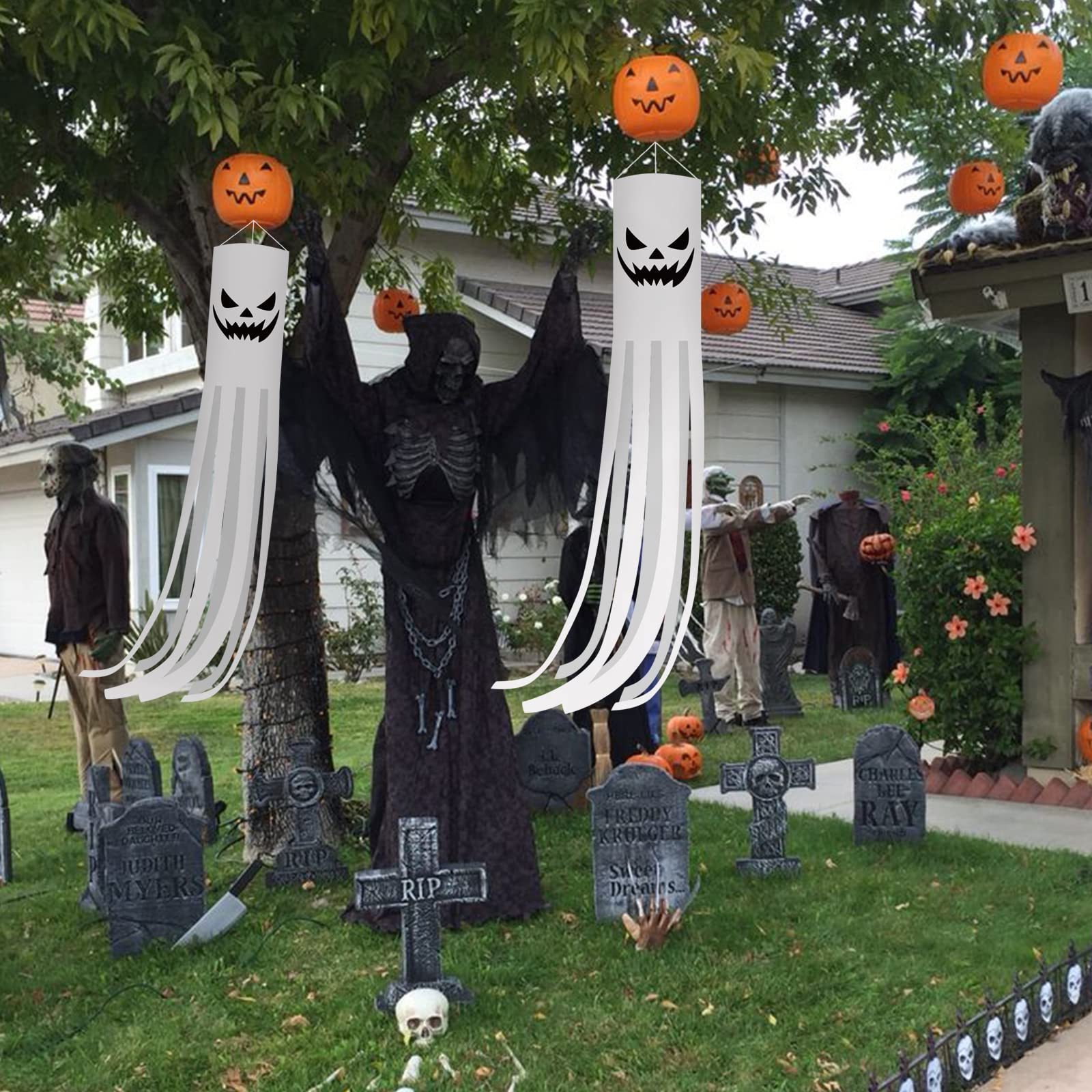 2 Pack Halloween Ghost Windsock Flag with Lights Glow in The Dark Halloween Outdoor Hanging Wind Socks Flag Party Decoration