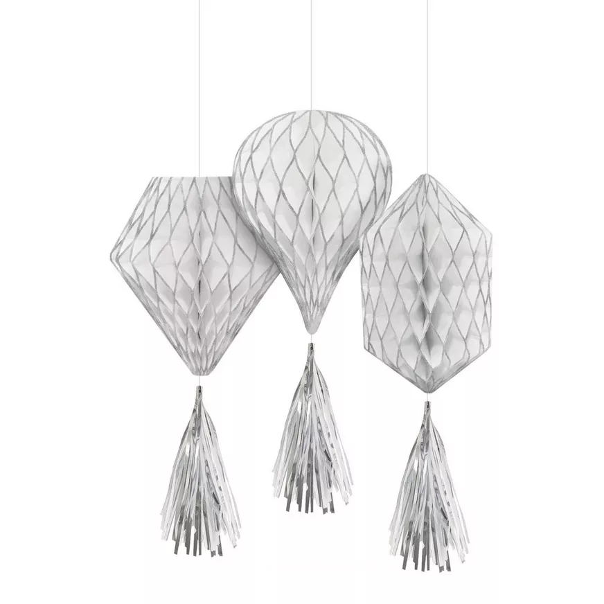 3D Unique Honeycomb Decorations Hot Air Balloon Diamond and Hexagon Shapes  With Fringe Tail  For Bachelorette Party