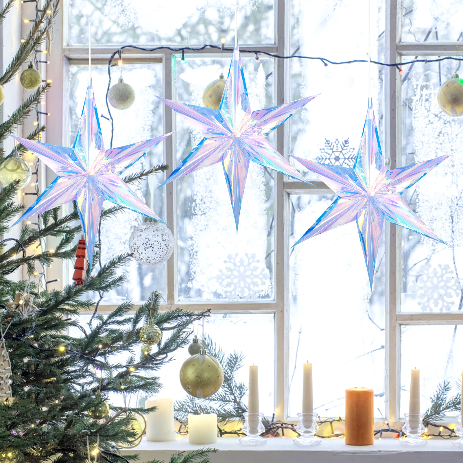 30 CM Dazzling Film 6-point Star Hanging Paper Star Lamp Christmas Star for Home and Garden Decoration