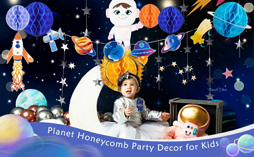 Solar System Hanging Galaxy Planet Honeycomb Supplies 3D Rocket for Kids Space Birthday Party Ceiling Ornaments Decor