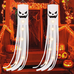 2 Pack Halloween Ghost Windsock Flag with Lights Glow in The Dark Halloween Outdoor Hanging Wind Socks Flag Party Decoration