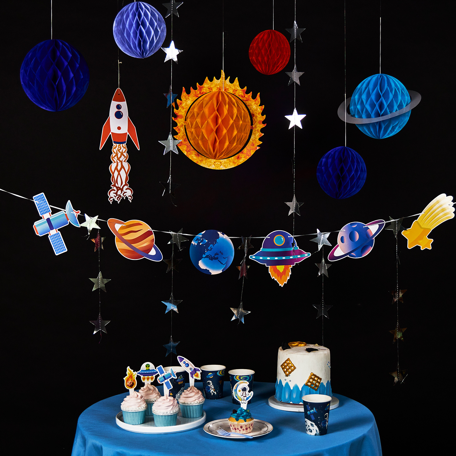 Solar System Hanging Galaxy Planet Honeycomb Supplies 3D Rocket for Kids Space Birthday Party Ceiling Ornaments Decor