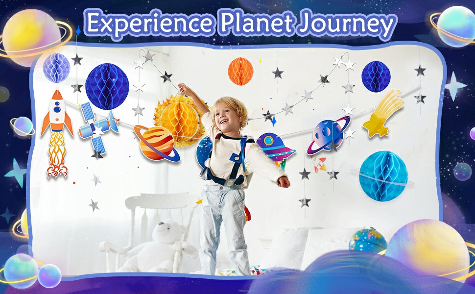 Solar System Hanging Galaxy Planet Honeycomb Supplies 3D Rocket for Kids Space Birthday Party Ceiling Ornaments Decor