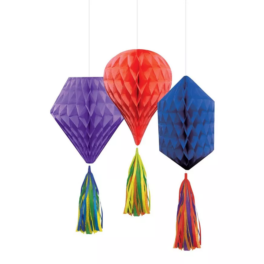 3D Unique Honeycomb Decorations Hot Air Balloon Diamond and Hexagon Shapes  With Fringe Tail  For Bachelorette Party