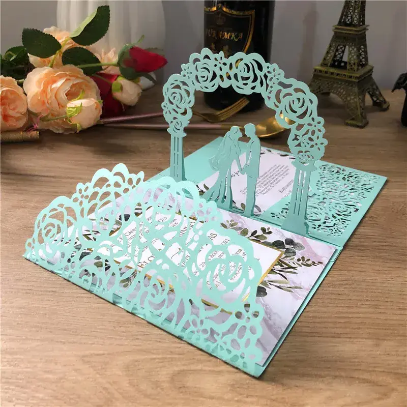 Light Blue Grey Floral Couple Laser Cutting Personalized Invite Rsvp Card Printing 3d Greeting Wedding Invitation Card