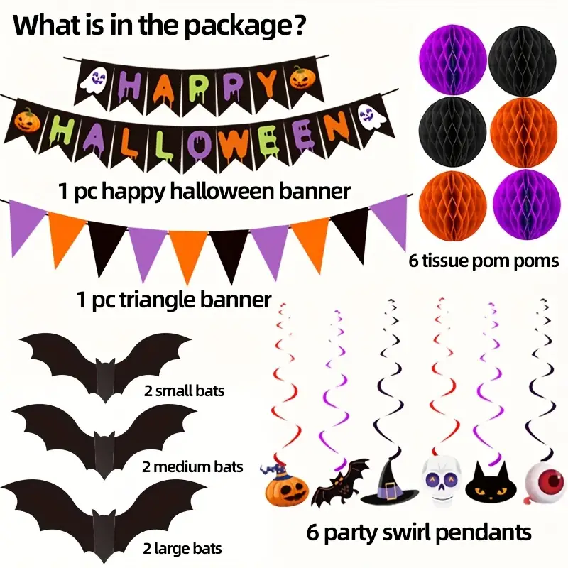 Happy Halloween Banner Triangular Flag 3D Bat Paper Pompom Swirl Pendant Halloween Honeycomb Decoration Set