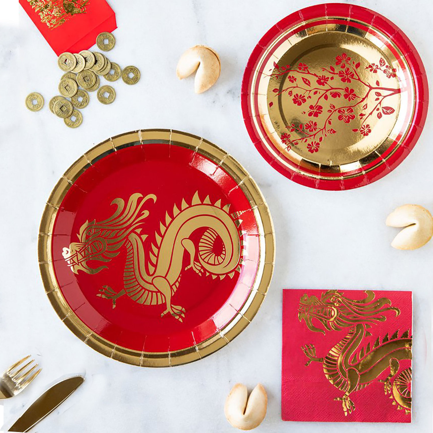 Cherry Blossom Chinese New Year Plates Red and Gold Dragon Plates Chinese New Year Table Top Accessories