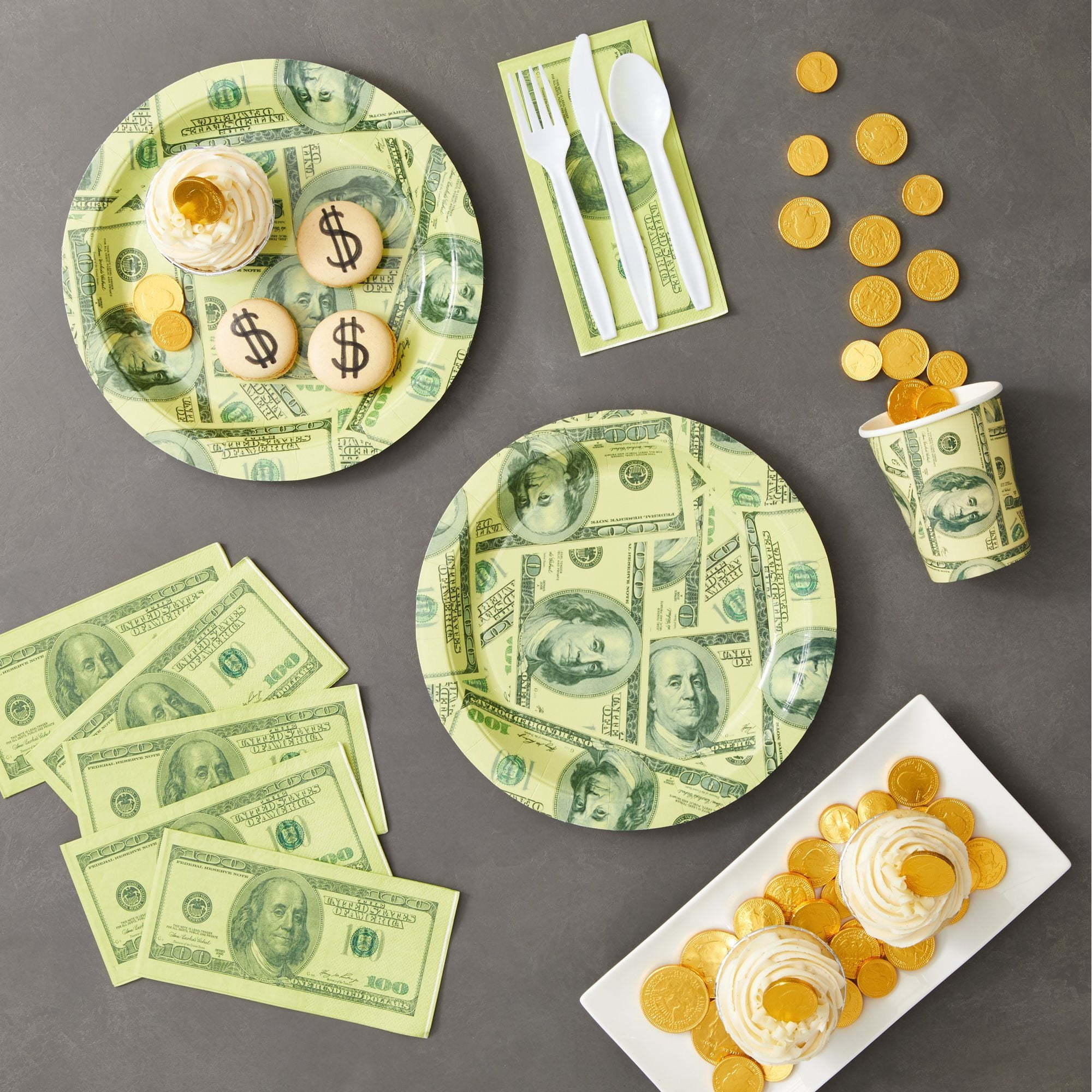 Custom Printed Money Party Supplies Dinner Plates Cutlery Set Paper Cups and Luncheon Napkins Money Birthday Party Decorations