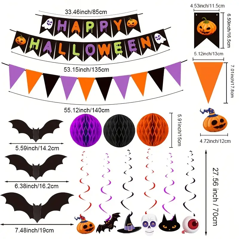 Happy Halloween Banner Triangular Flag 3D Bat Paper Pompom Swirl Pendant Halloween Honeycomb Decoration Set