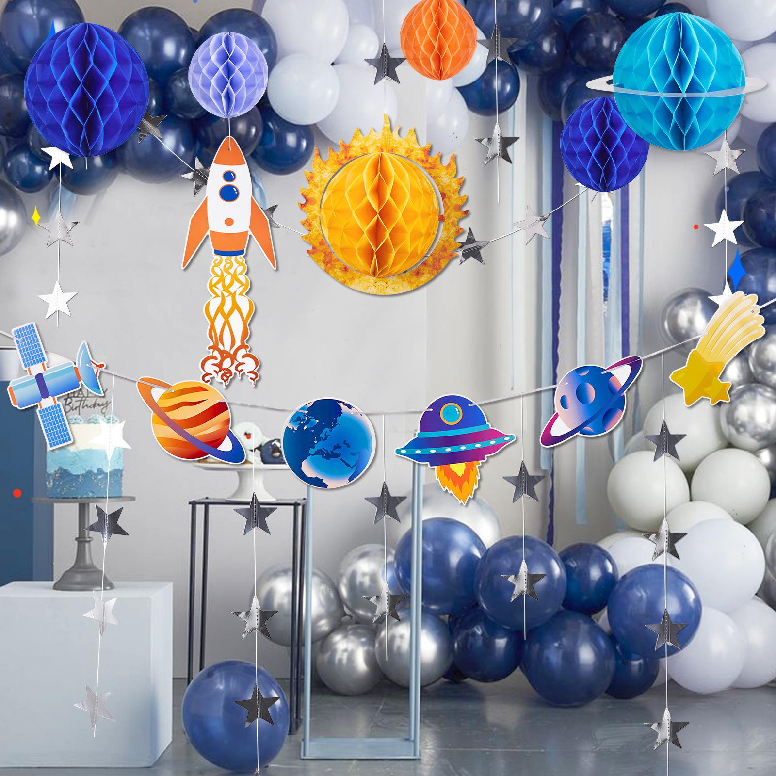 Solar System Hanging Galaxy Planet Honeycomb Supplies 3D Rocket for Kids Space Birthday Party Ceiling Ornaments Decor