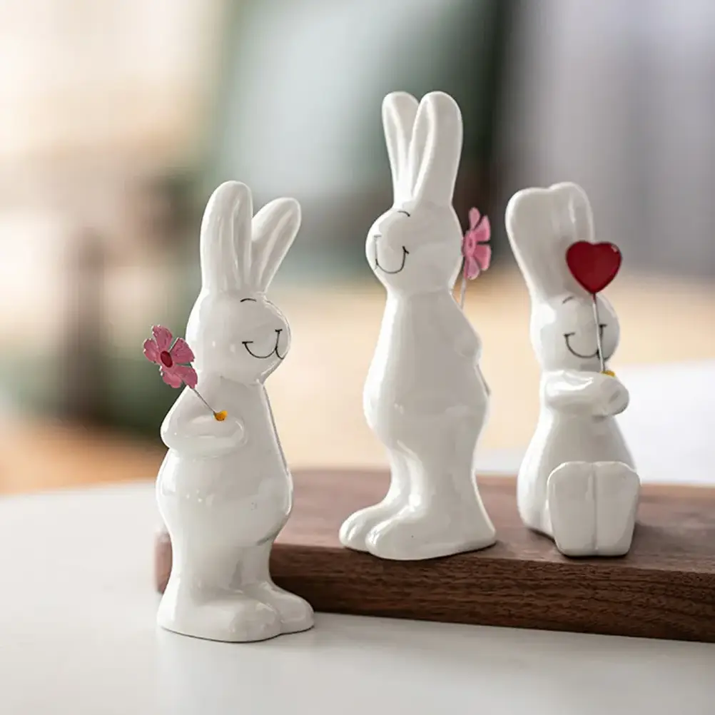 3 PCS Ceramic Bunny Figurines Decor Cute Rabbits Statues Modern Art Ornaments for Home Easter Bunny Festival Crafts Gifts