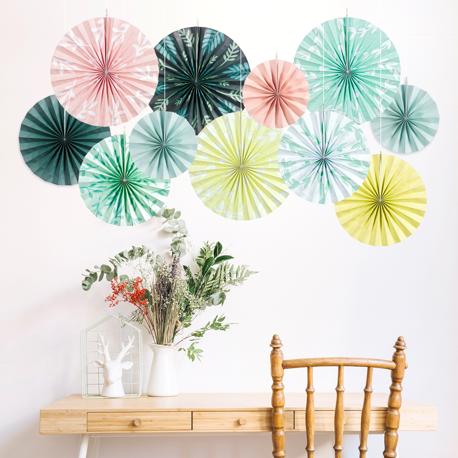 SUNBEAUTY 11 Pcs Sage Green Paper Fans Decoration Ceiling Paper Fans Boho Classroom Decor Hanging Paper Fans Decoration