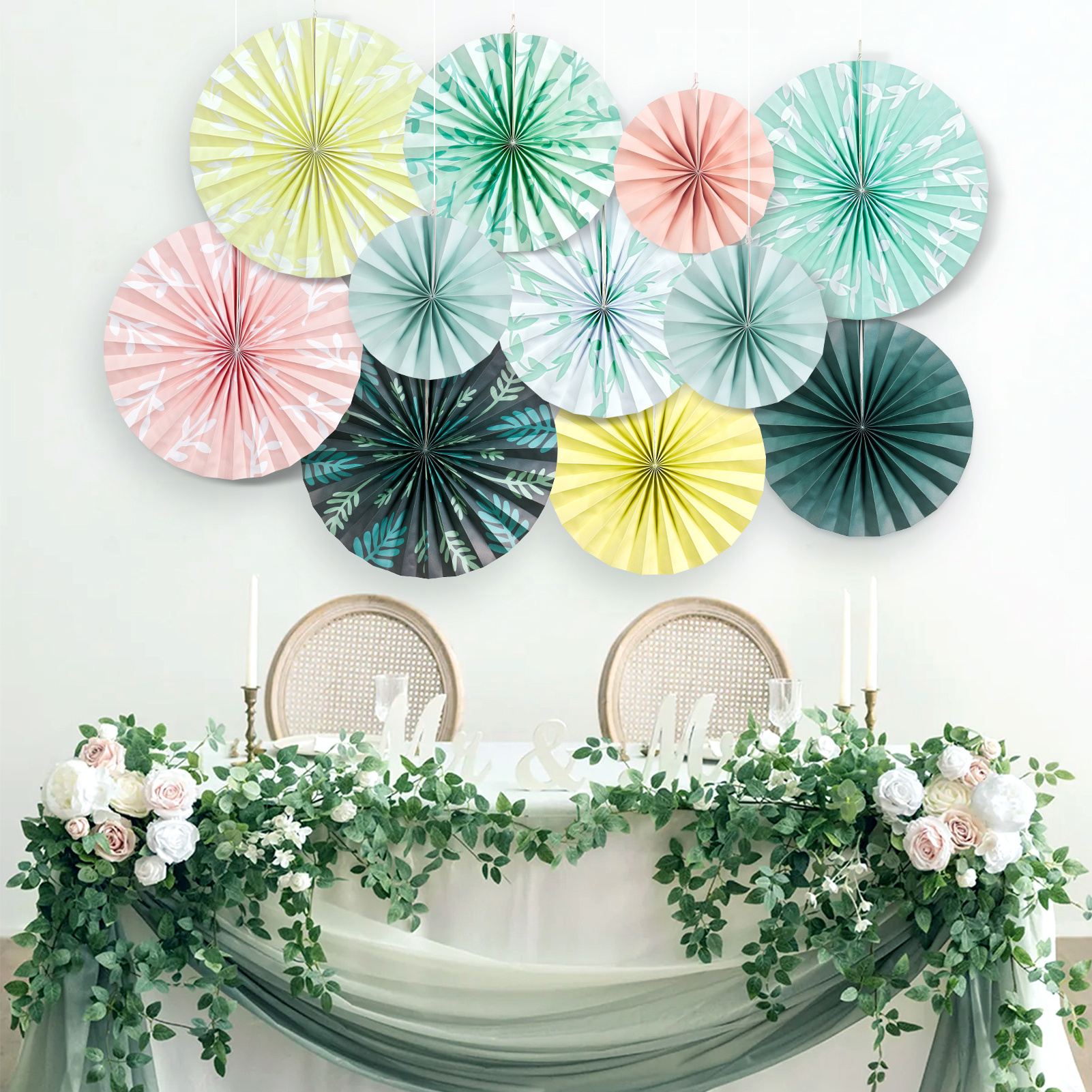 SUNBEAUTY 11 Pcs Sage Green Paper Fans Decoration Ceiling Paper Fans Boho Classroom Decor Hanging Paper Fans Decoration