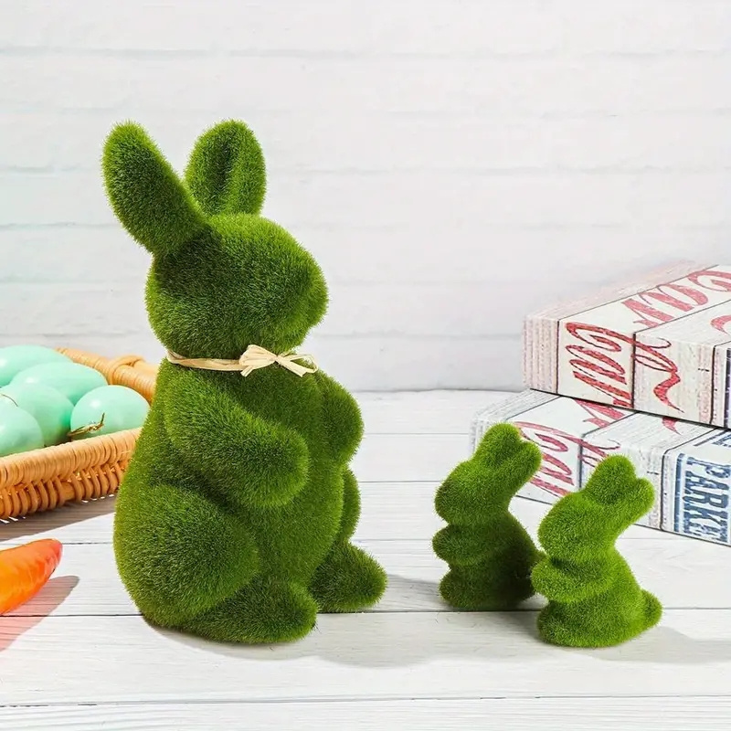 2025 New Easter Moss Rabbit Figurine Foam Green Flocking Bunny Ornament for Spring Easter Home Garden Party Decor Supplies