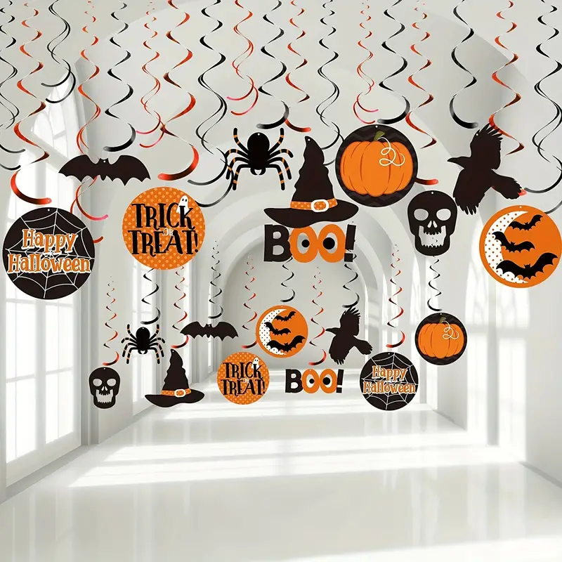 Witch Bat Pumpkin and Ghost Spider Foil Swirl Ceiling Hanging Decoration for Halloween Theme Party Outdoor Decorations Supplies