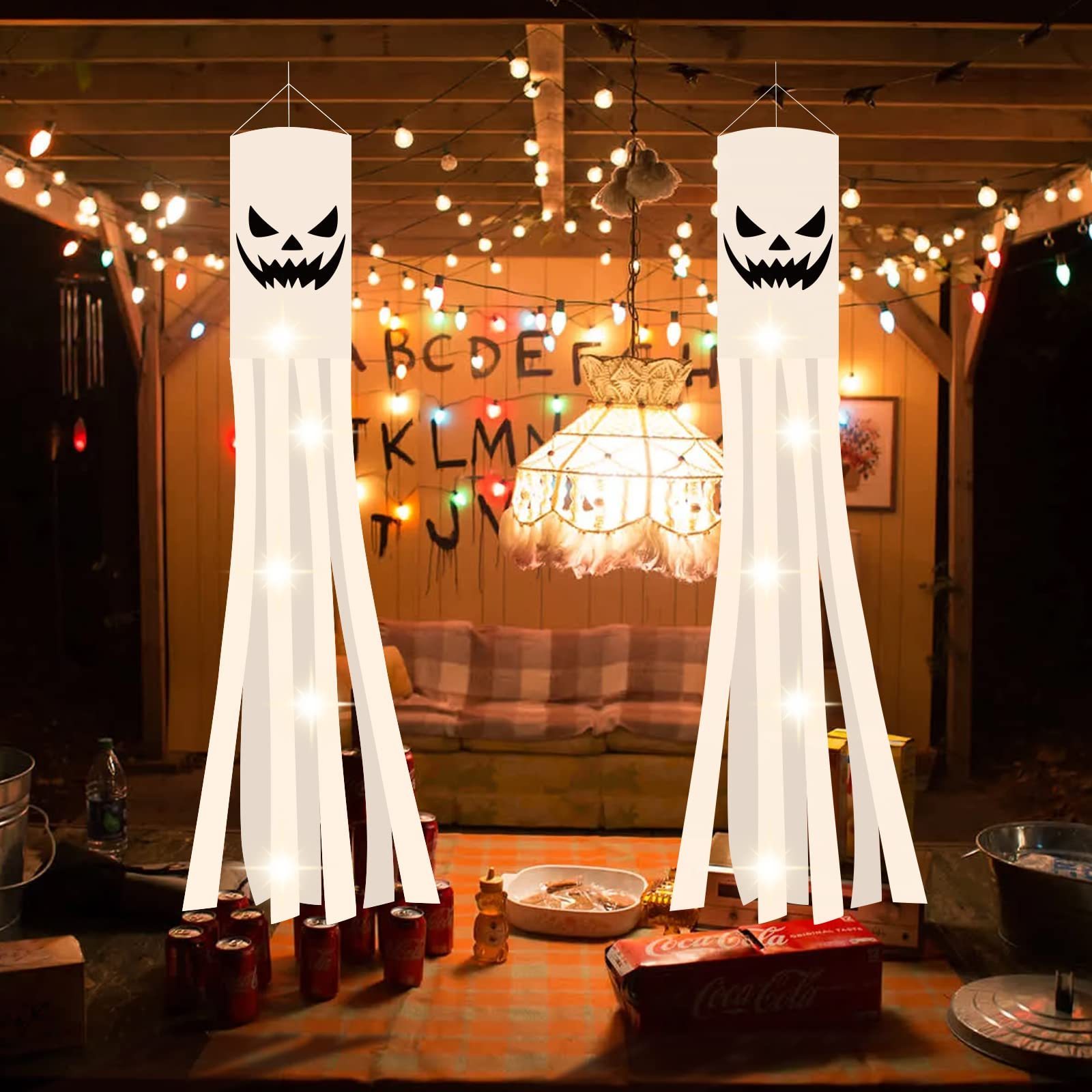 2 Pack Halloween Ghost Windsock Flag with Lights Glow in The Dark Halloween Outdoor Hanging Wind Socks Flag Party Decoration