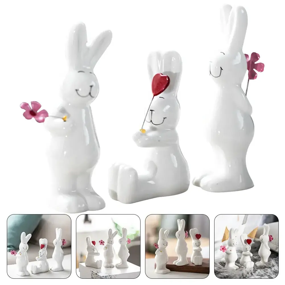 3 PCS Ceramic Bunny Figurines Decor Cute Rabbits Statues Modern Art Ornaments for Home Easter Bunny Festival Crafts Gifts