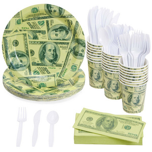 144 Piece Money Birthday Party Decorations Supplies Hundred Dollar Bill Novelty Support Paper Plates Napkins Cups Tableware Set 