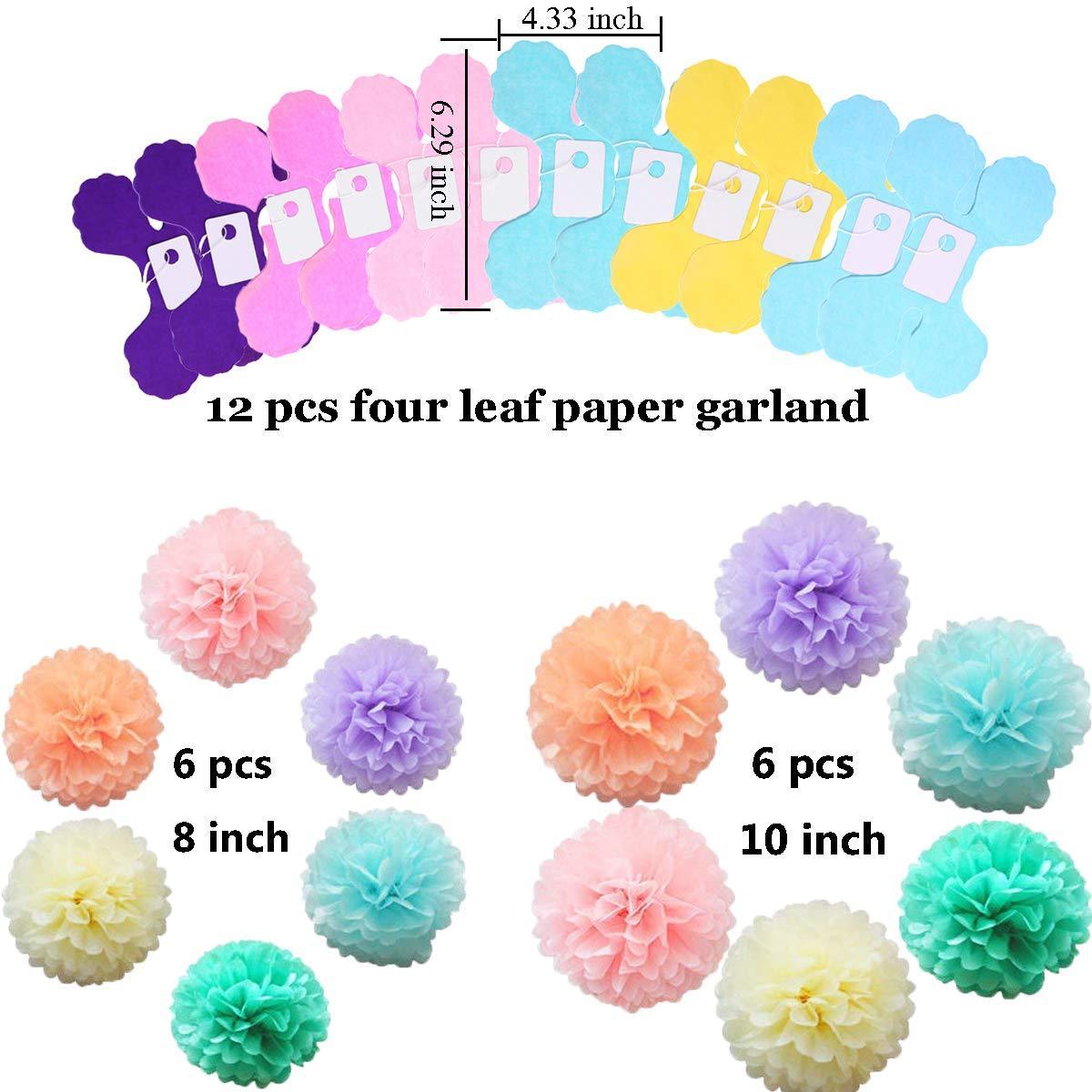 24 Pack Four Leaf Tissue Paper Garland with Tissue Pom Poms Flowers Streamer Backdrop for Birthday Party Decorations