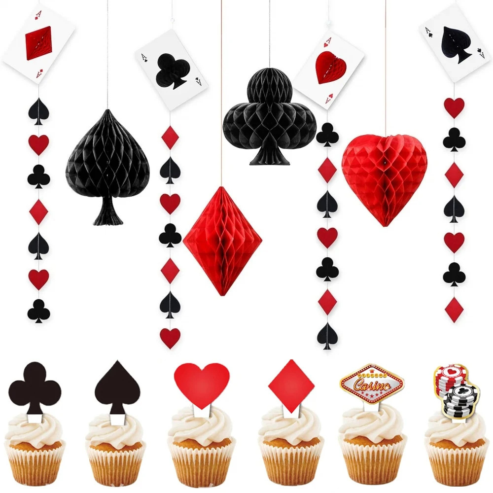 Playing Card Honeycomb Pom Poms and Garlands Hanging Streamers Set for Las Vegas Party Events Casino Night Birthday Decorations