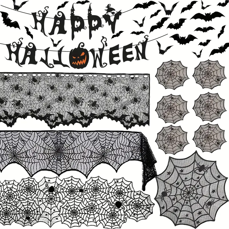 Halloween Table Decoration Set Lace Spider Web Table Cover Fireplace Mantel Scarf and 3D Bats Wall Sticker Halloween Party Decor