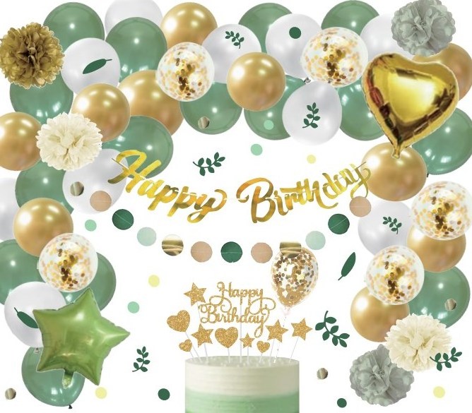 Sage-Green White-Gold Birthday Party Decorations Kits Happy Birthday Banner Balloons Tissue Paper Pom Poms Streamers