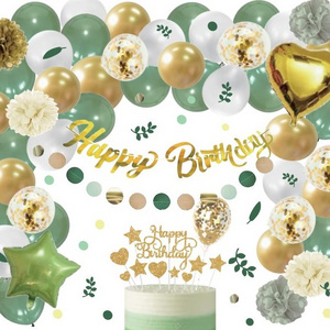 Sage-Green White-Gold Birthday Party Decorations Kits Happy Birthday Banner Balloons Tissue Paper Pom Poms Streamers