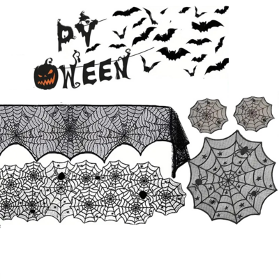 Halloween Table Decoration Set Lace Spider Web Table Cover Fireplace Mantel Scarf and 3D Bats Wall Sticker Halloween Party Decor