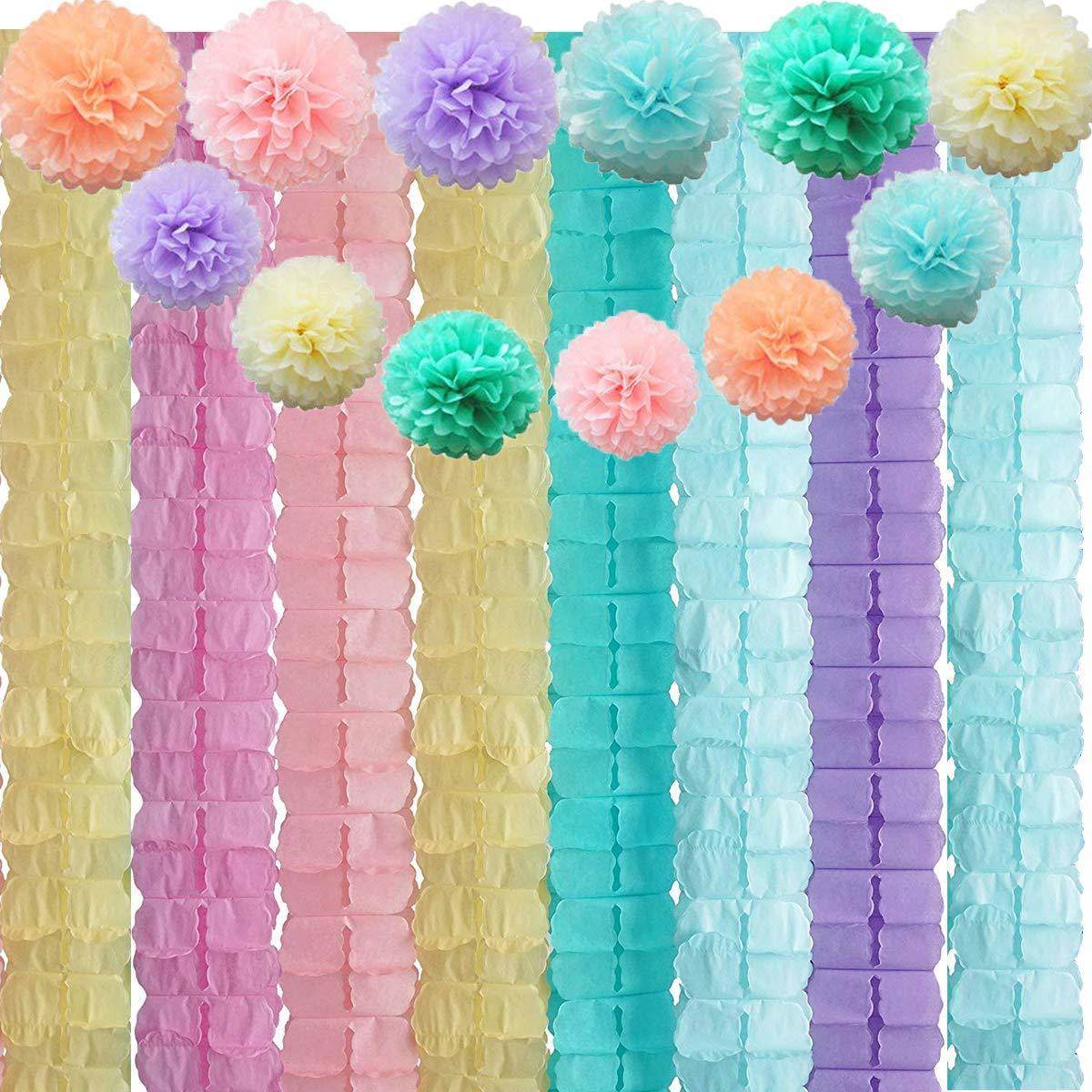 24 Pack Four Leaf Tissue Paper Garland with Tissue Pom Poms Flowers Streamer Backdrop for Birthday Party Decorations