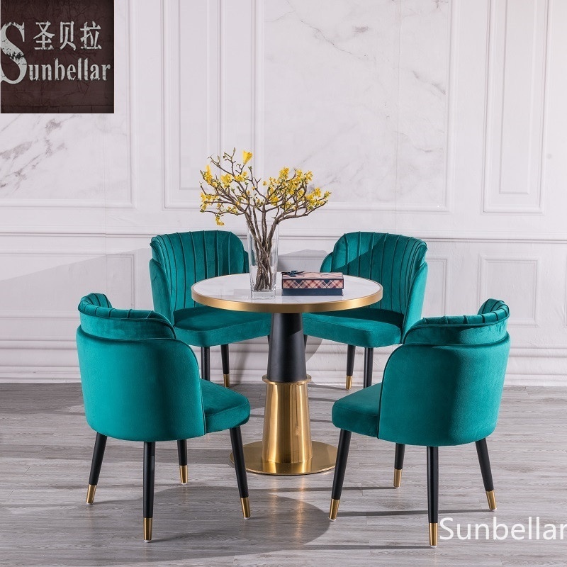 wholesale Accent Chairs green velvet fabric dining chairs wood legs with gold metal cover modern dining room restaurant chairs