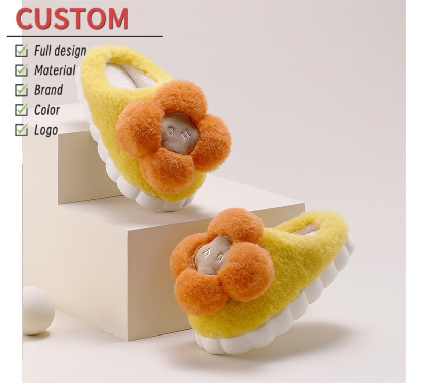 Winter cotton slippers plush fluffy women's winter warm slippers big flower  thick bottom slippers