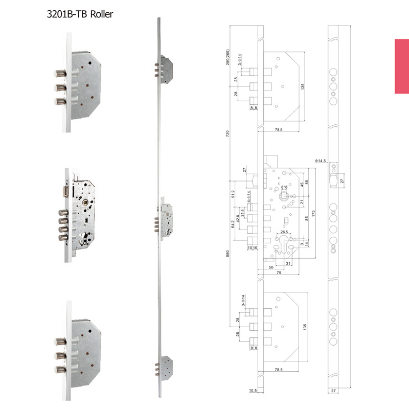 Customized 8525 Multi Point Mortise Sliding multi-point lock Door Lock Body serrure de porte with Roller Latch