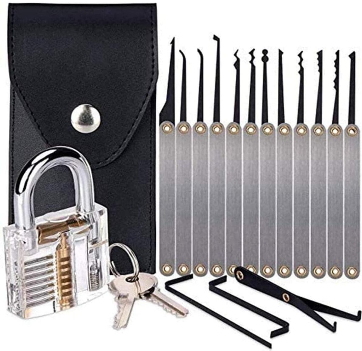 15 Pieces lock pick set with practice lock, Beginner Locksmiths 10 Pcs Lock Picking Key Extractor Tool