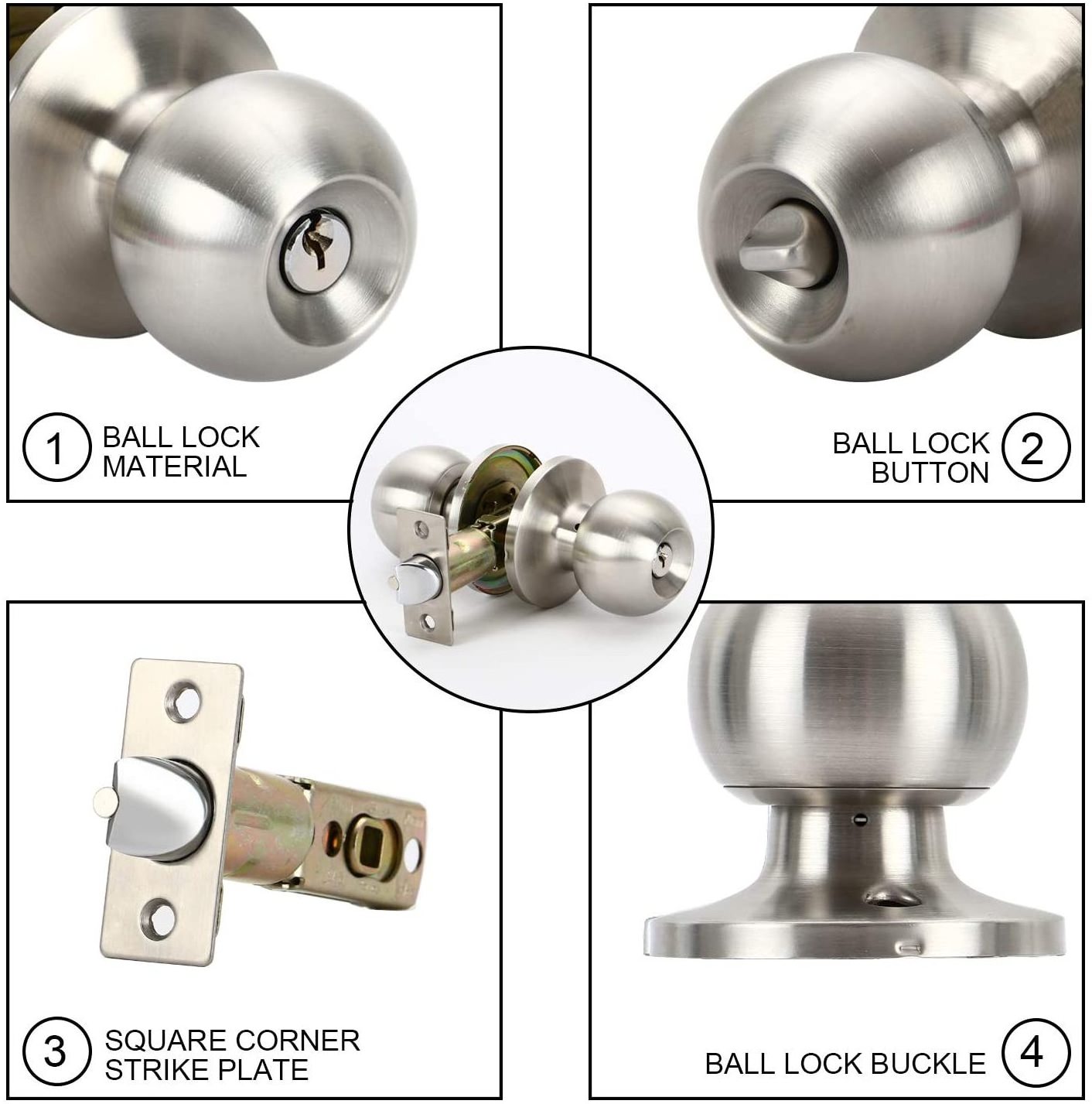 Door Lock Latch Handle Round Knob with Lock and Key, Interior and Bathroom Doorknob, in Satin Stainless Steel