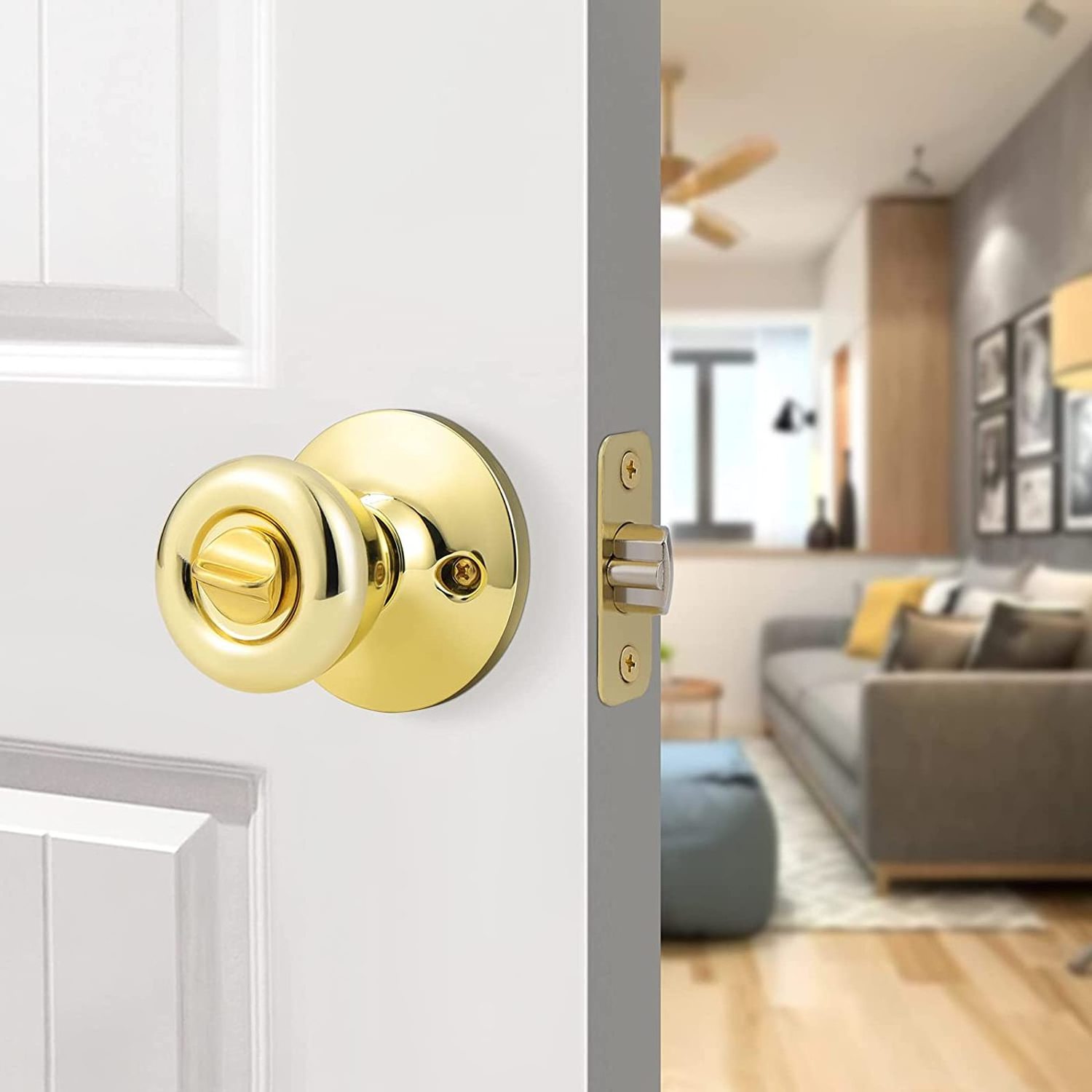 Keyed Entry / Entrance Tulip Round Bedroom Door Knob Lock Modern with Key and Thumbturn in Polished Gold Color