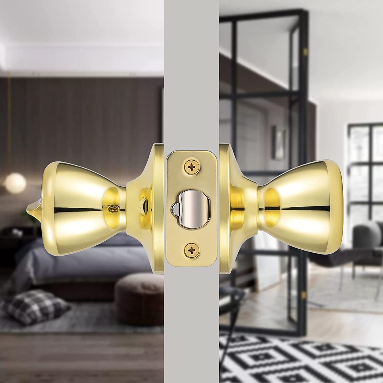 Keyed Entry / Entrance Tulip Round Bedroom Door Knob Lock Modern with Key and Thumbturn in Polished Gold Color