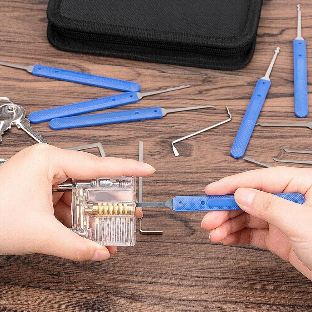 Titanium steel + ABS gery hand grip multitool lock pick set locksmith lock picking tool with transparent practice lock