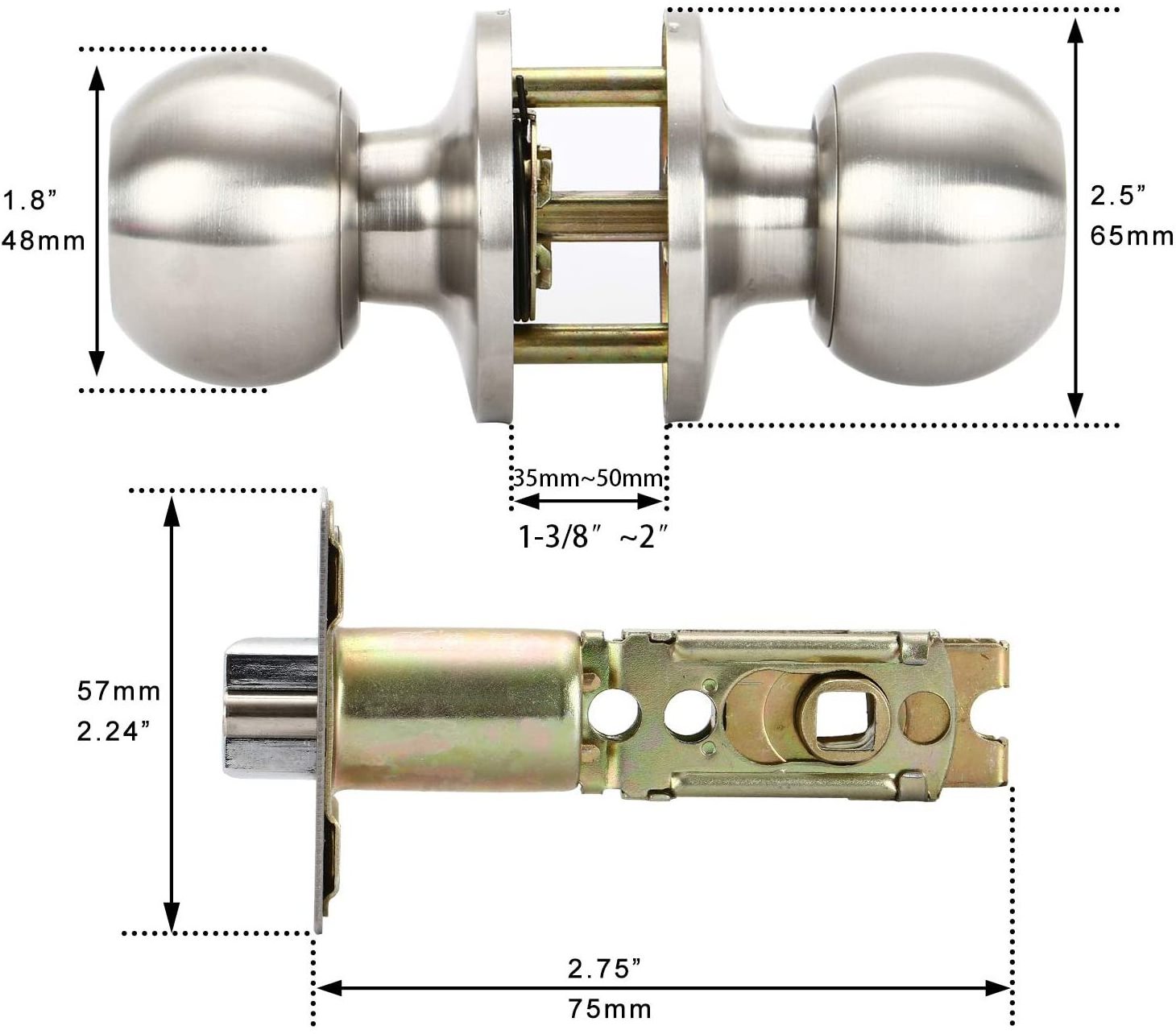 Door Lock Latch Handle Round Knob with Lock and Key, Interior and Bathroom Doorknob, in Satin Stainless Steel