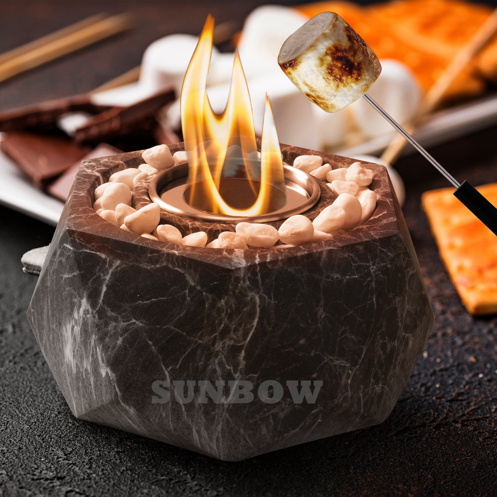 SUNBOW hexagonal design bio ethanol tabletop fireplace marble effect concrete Tabletop Fire Pit portable table Top fire pit bowl