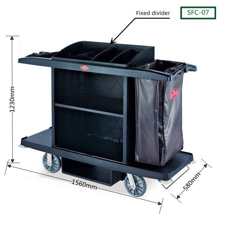 High Quality Black Hotel Cleaning Housekeeping Trolley PP Material Double Layers Room Service Cart with Storage Bag