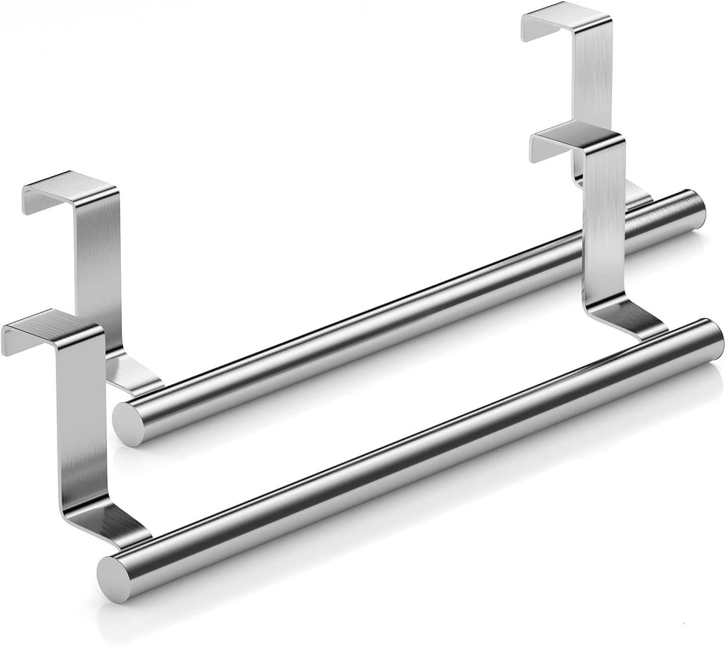 Brushed Silver Stainless Steel Over The Door Towel Rack Hanging on Cabinet Kitchen Towel Holder