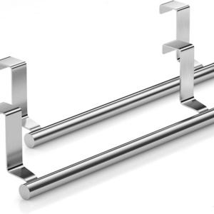 Brushed Silver Stainless Steel Over The Door Towel Rack Hanging on Cabinet Kitchen Towel Holder