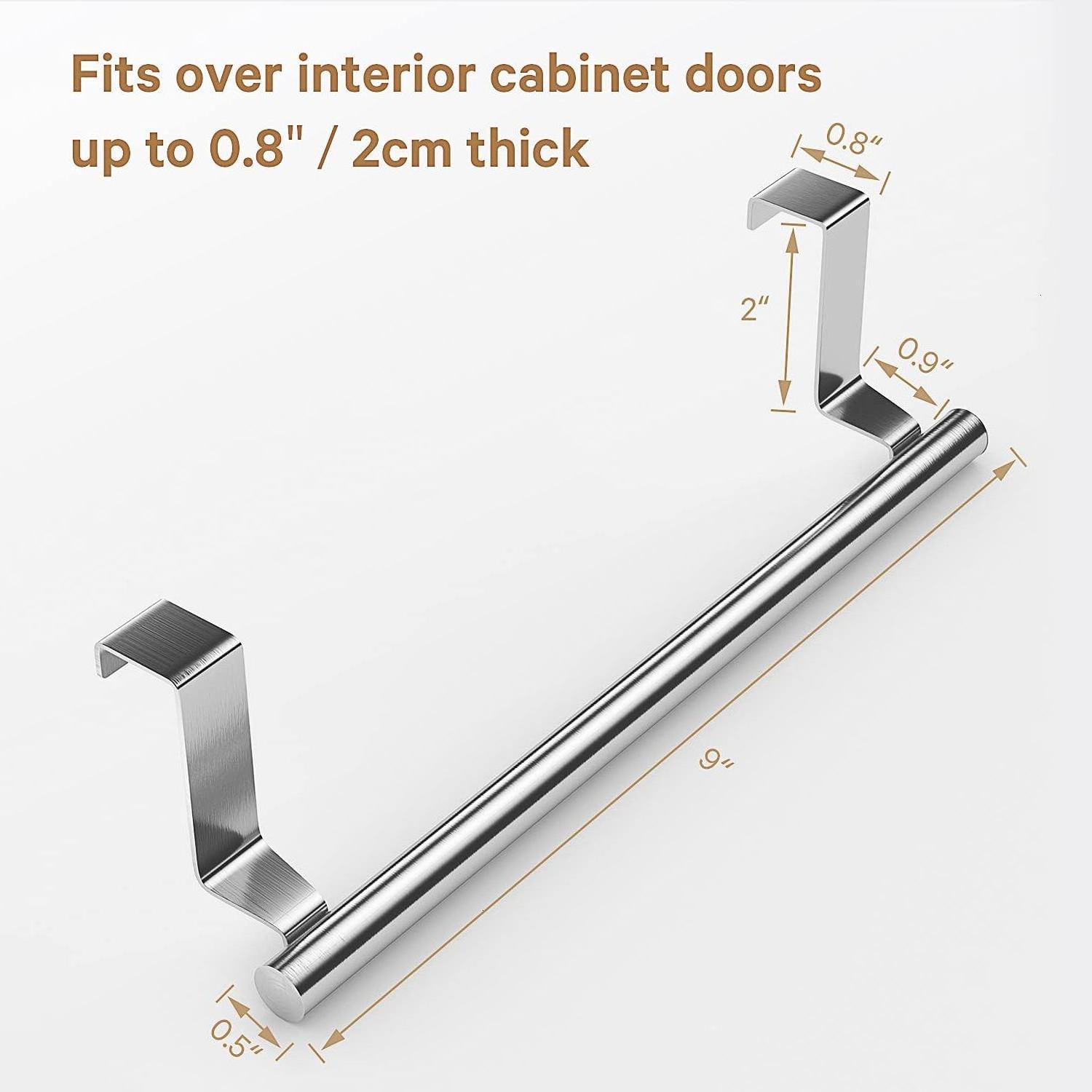 Brushed Silver Stainless Steel Over The Door Towel Rack Hanging on Cabinet Kitchen Towel Holder