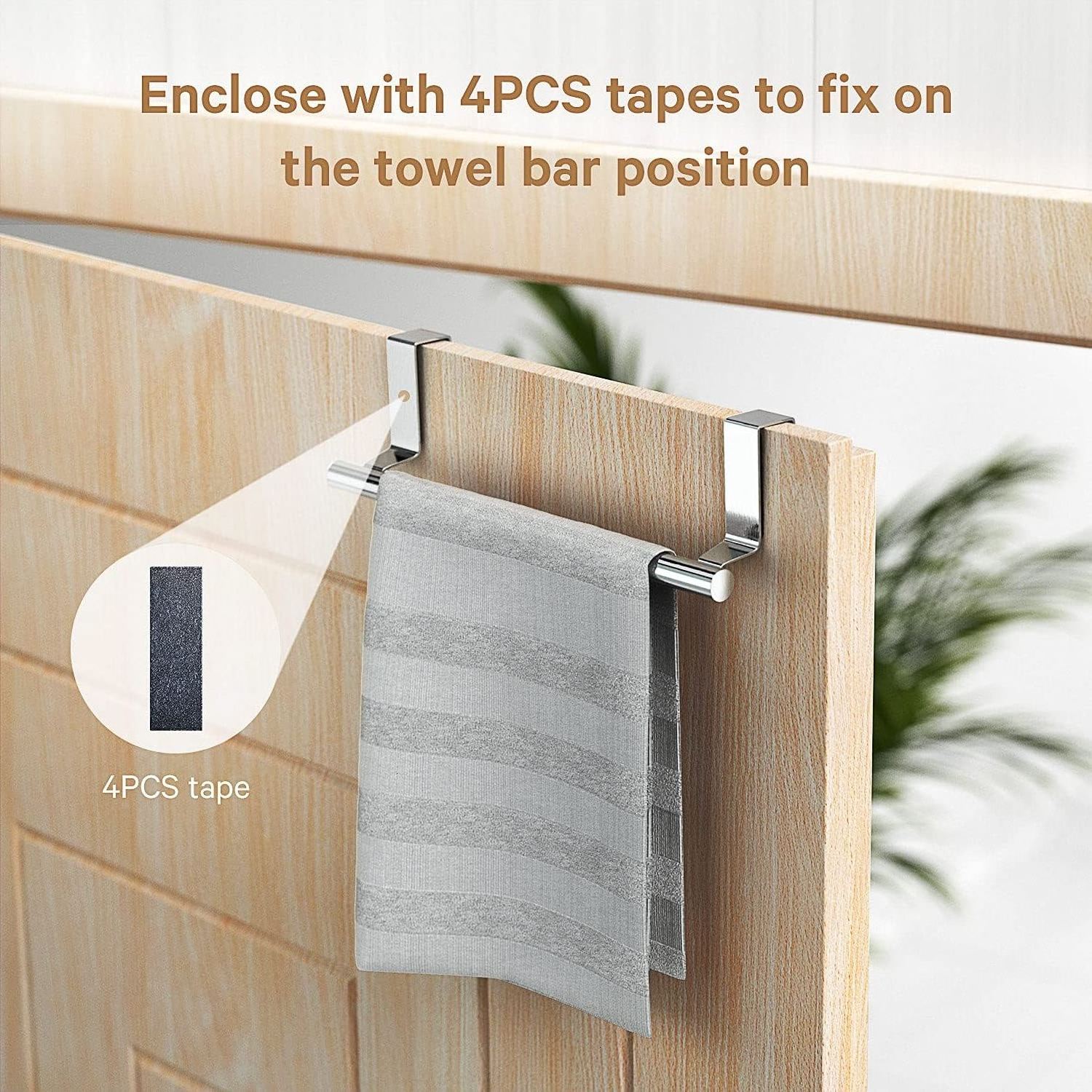 Brushed Silver Stainless Steel Over The Door Towel Rack Hanging on Cabinet Kitchen Towel Holder