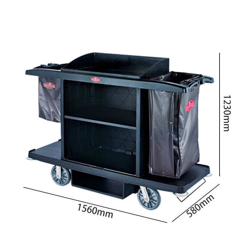 High Quality Black Hotel Cleaning Housekeeping Trolley PP Material Double Layers Room Service Cart with Storage Bag