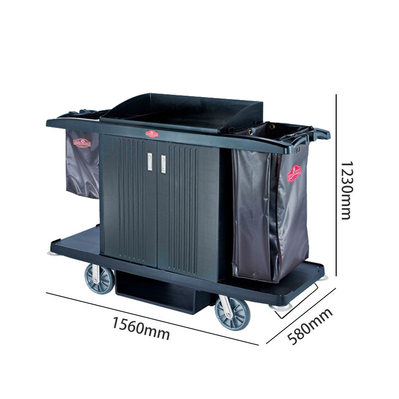 High Quality Black Hotel Cleaning Housekeeping Trolley PP Material Double Layers Room Service Cart with Storage Bag